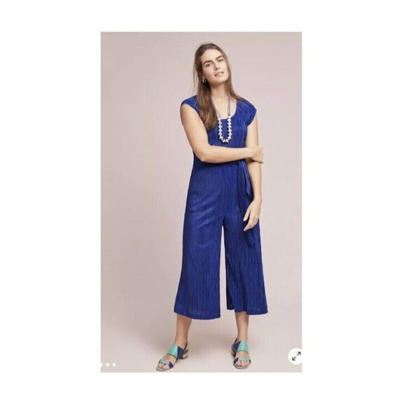 ANTHROPOLOGIE MAEVE Size Small SONATA BLUE PLEATED WIDE LEG CAP SLEEVE JUMPSUIT - Picture 1 of 10